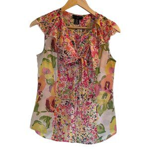 APOSTROPHE Floral Button-Down Blouse Tie Ruffle Sleeveless - Medium Petite